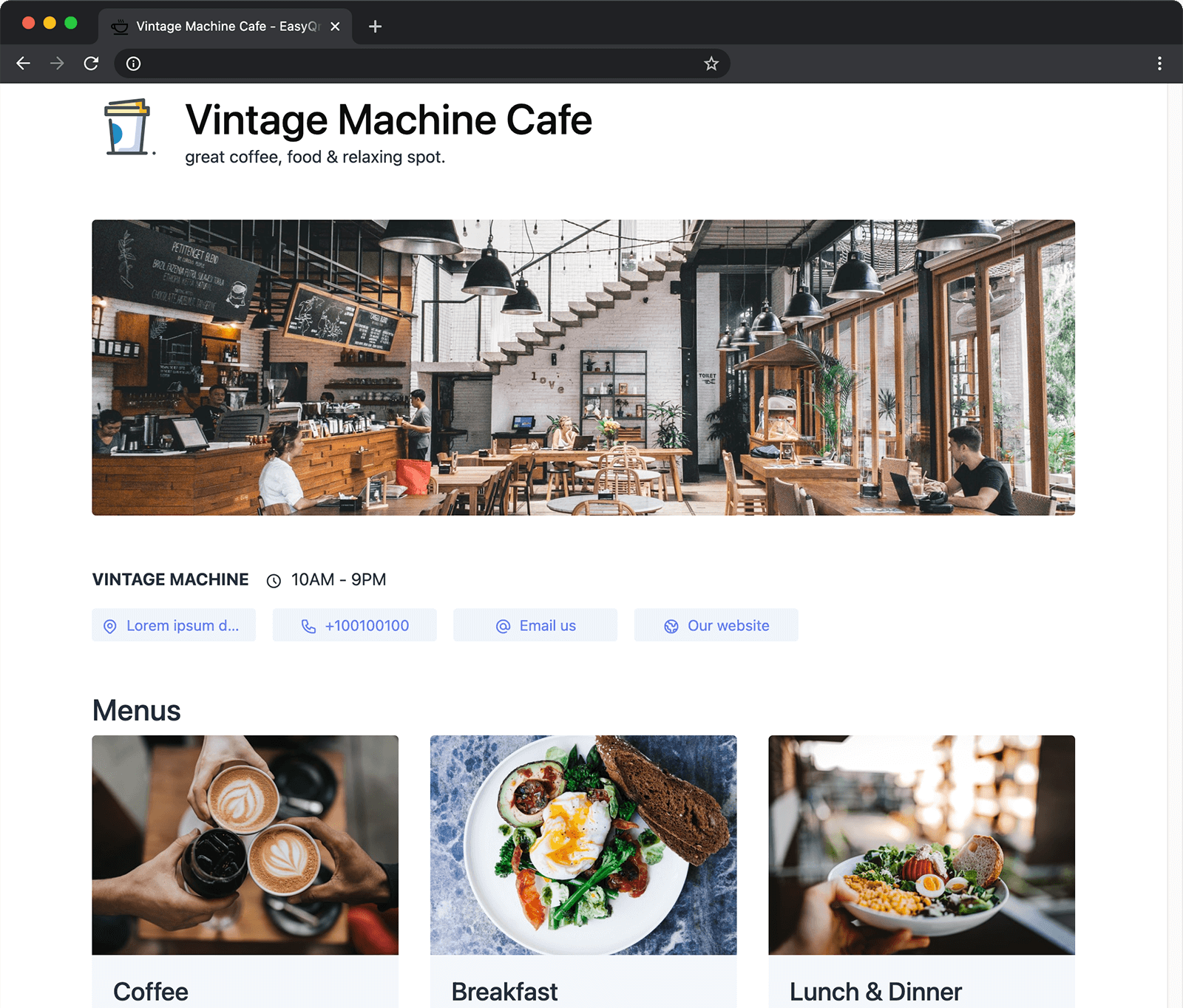Captura de tela de uma página de amostra do Estabelecimento na visualização para desktop